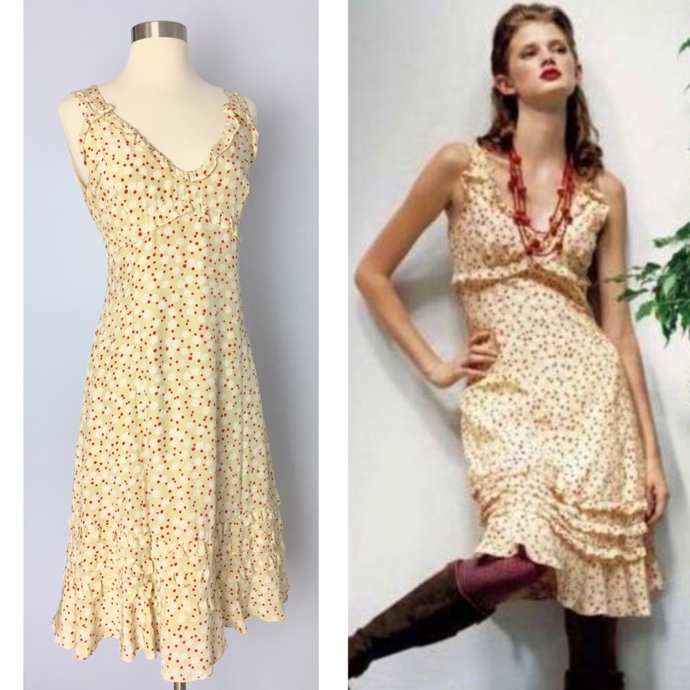 Anthropologie Cream and Red Silk Floral Dress